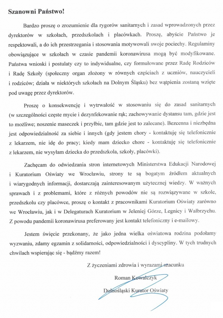 LIST DO RODZICÓW COVID-19